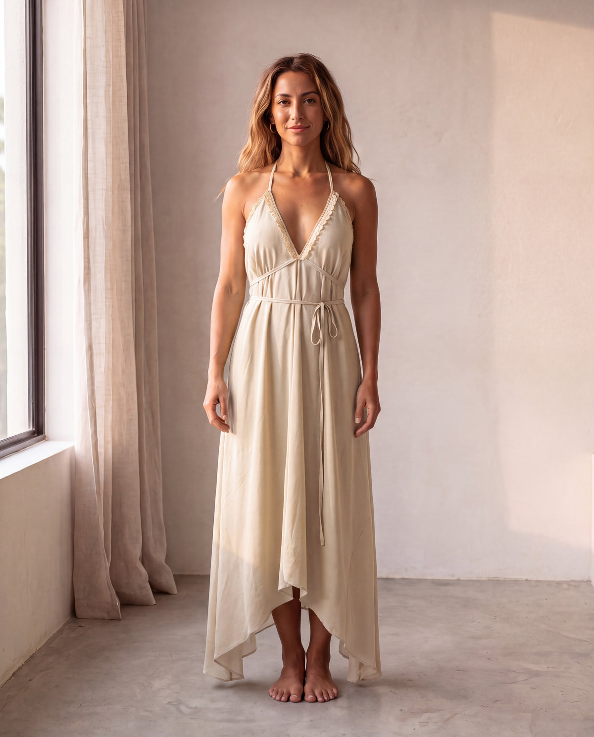 The Amalfi Dress in Cream, front view