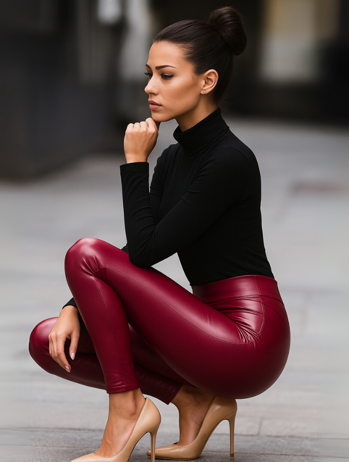 Vegan Leather Leggings - Cherry