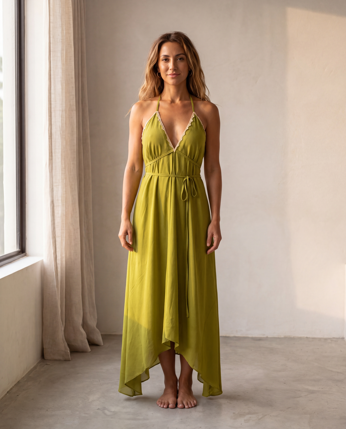 The Amalfi Dress in Oliva, front view