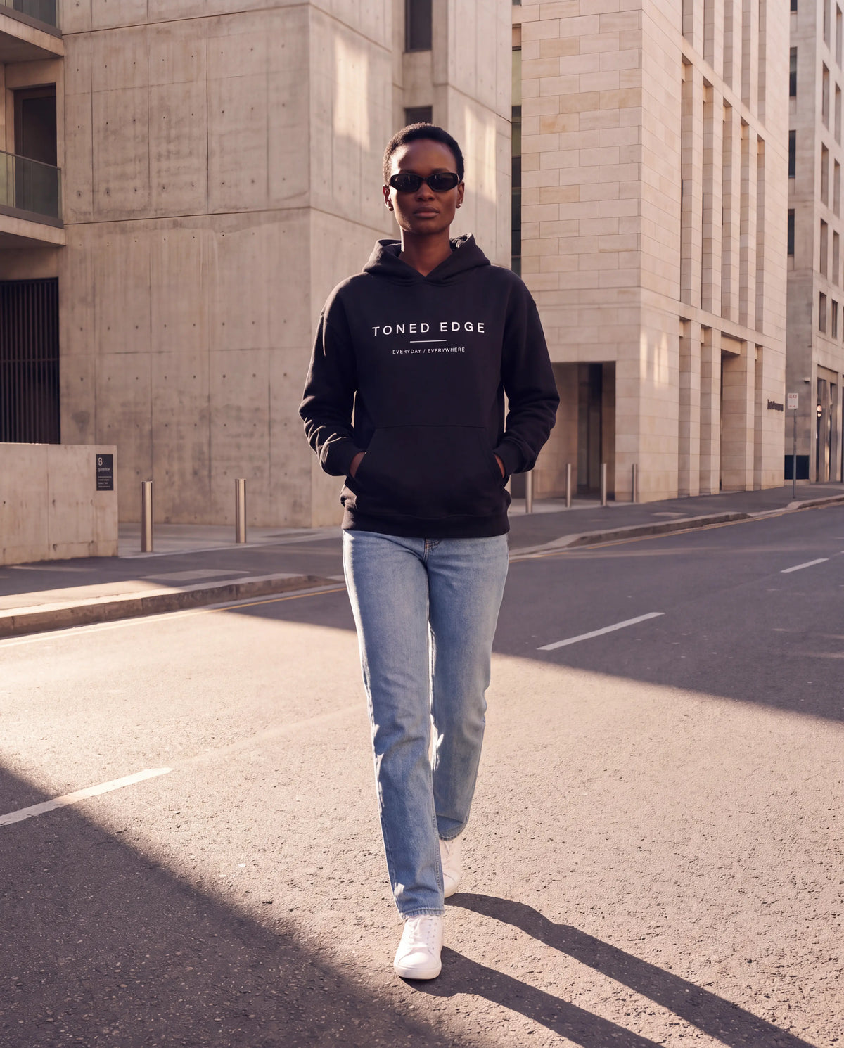 The Everyday Hoodie in Black, street style front