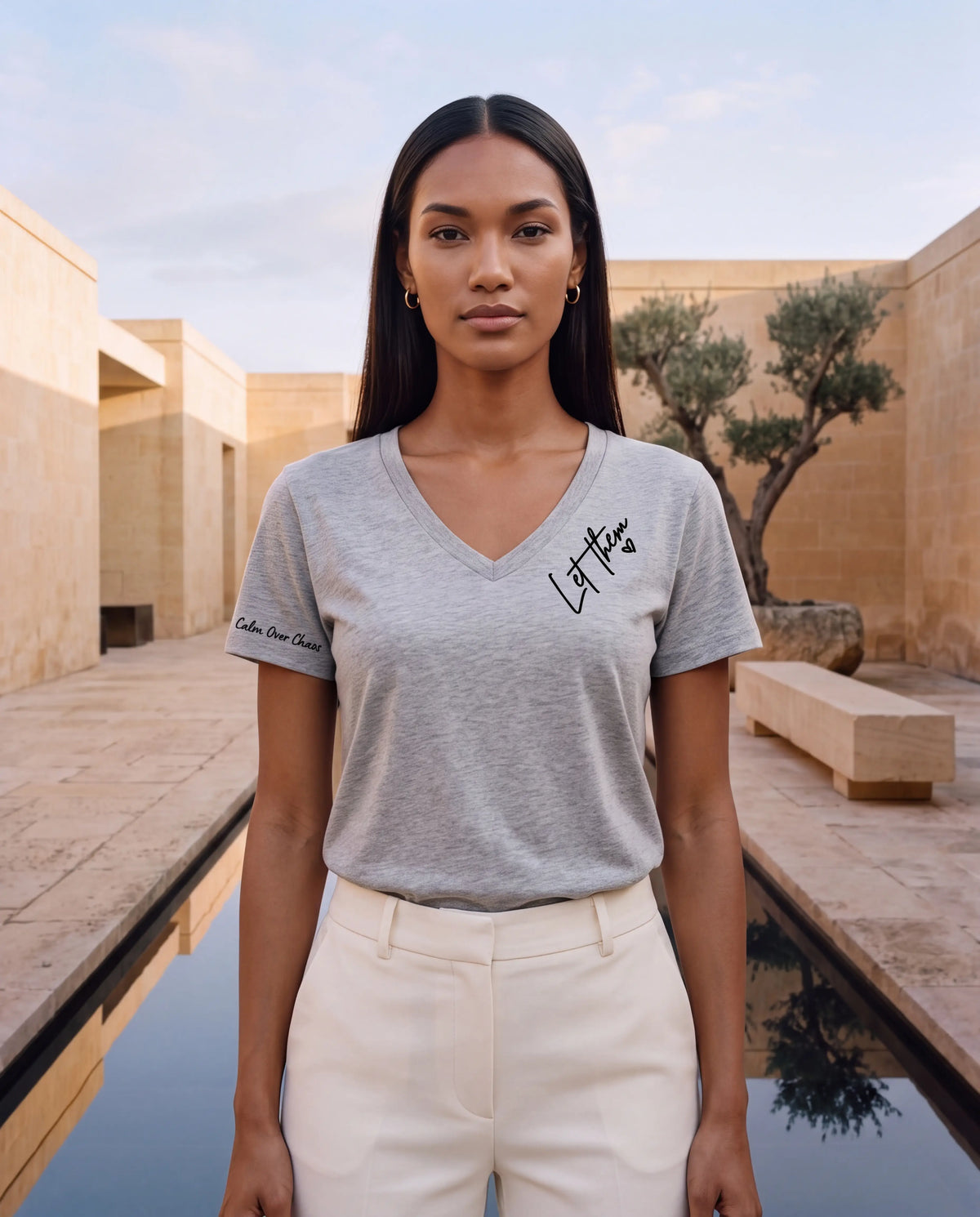 Let Them Tee V neck in grey