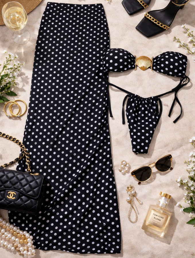 Midnight Bandeau Polka Swim Set