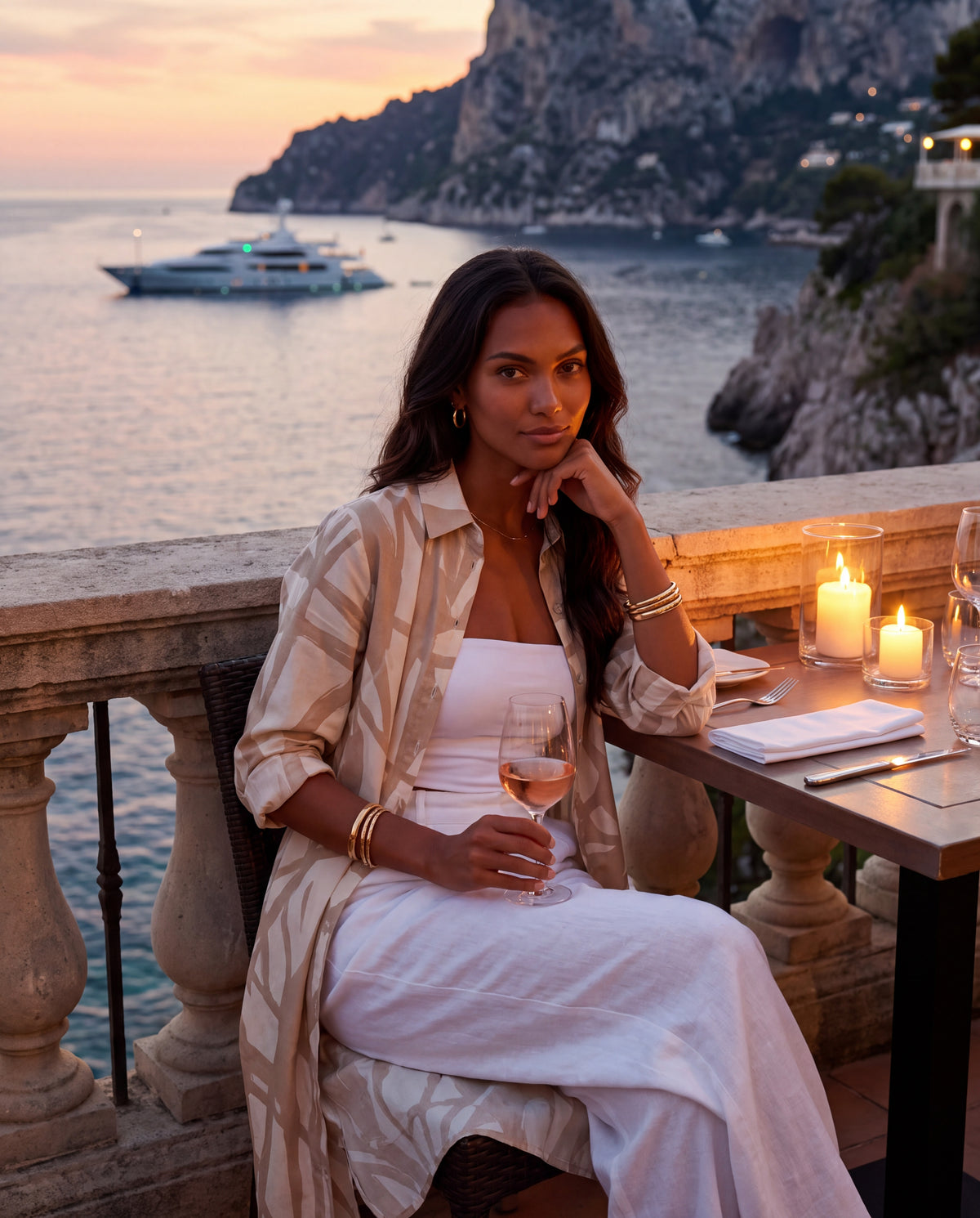 The Sorrento Shirt Dress in Sabbia, worn open over a white tube top and linen trousers at sunset