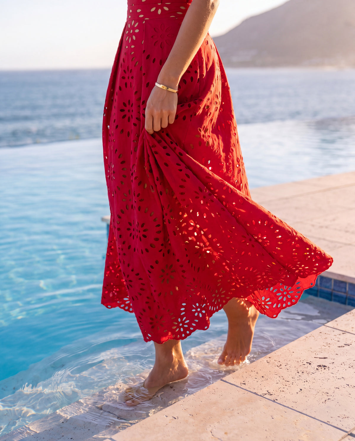 Red cut-out maxi skirt hem detail