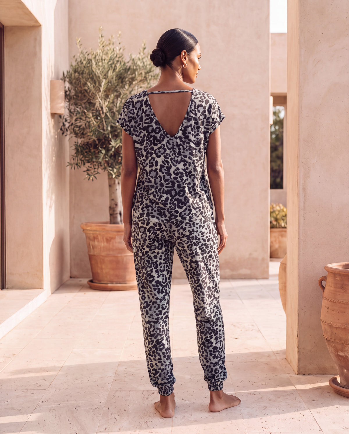 Monsoon Joggers back view with the Open Back Tee