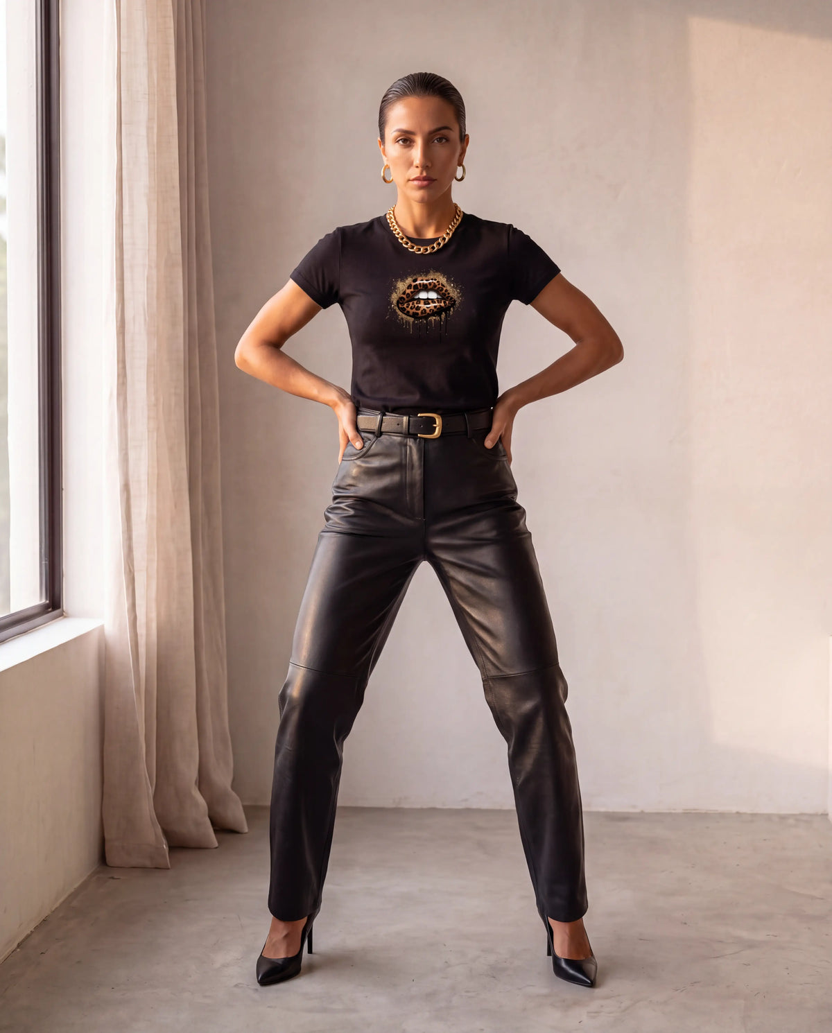 Wild Bite Fitted Tee in black with leather trousers