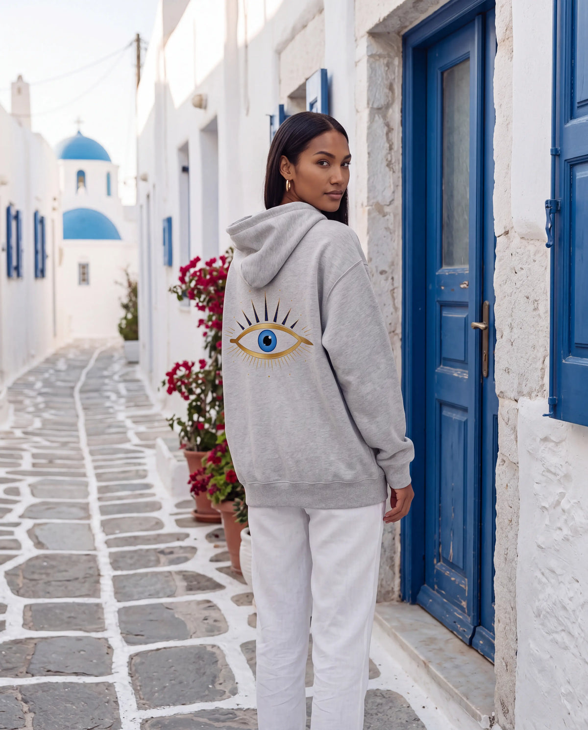 Mati Hoodie in Grey with gold evil eye back print