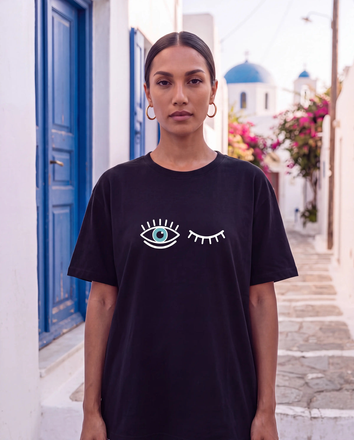 Optic Oversized Tee in Black, close up of the eye print