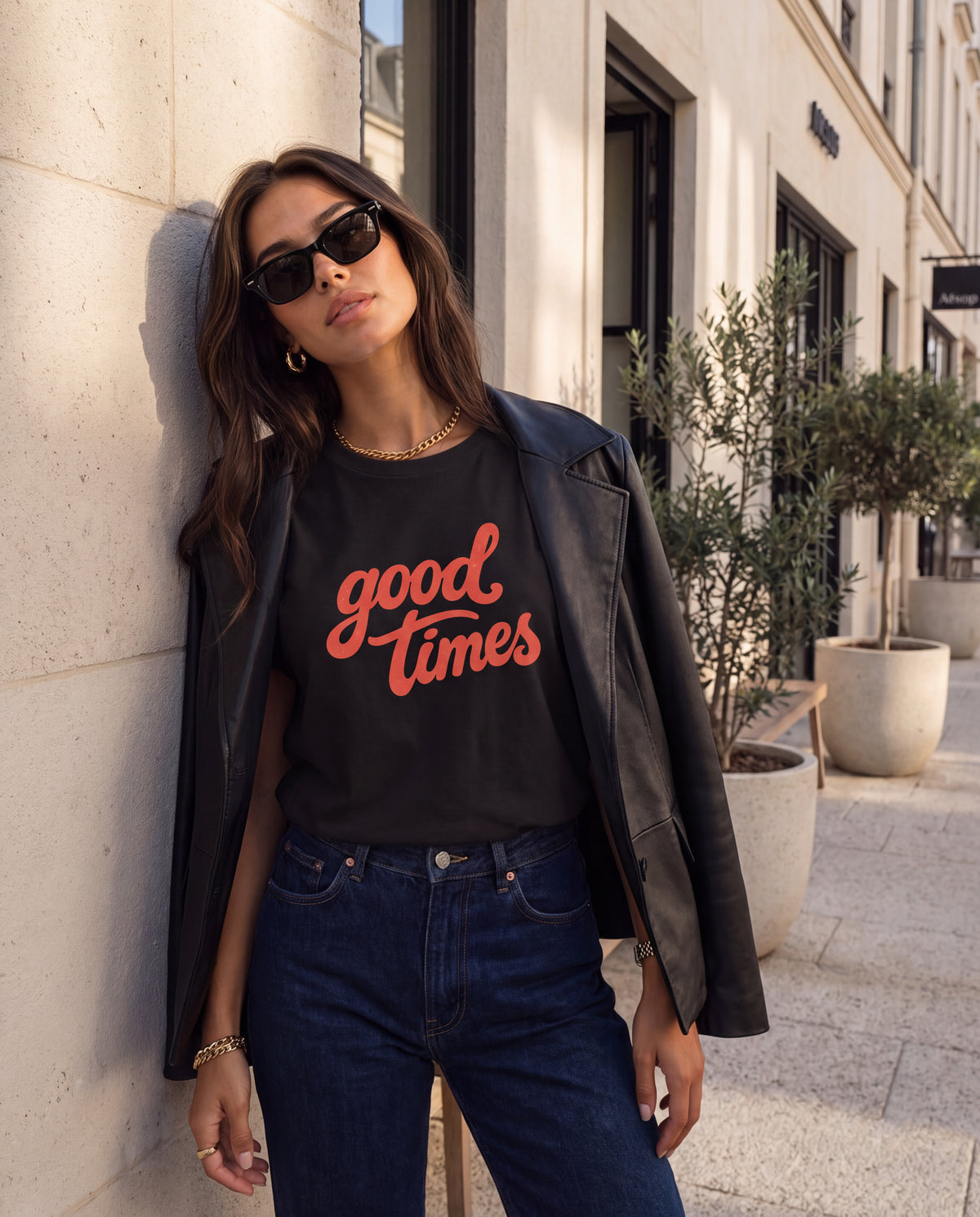The Good Times Tee in Black, on model