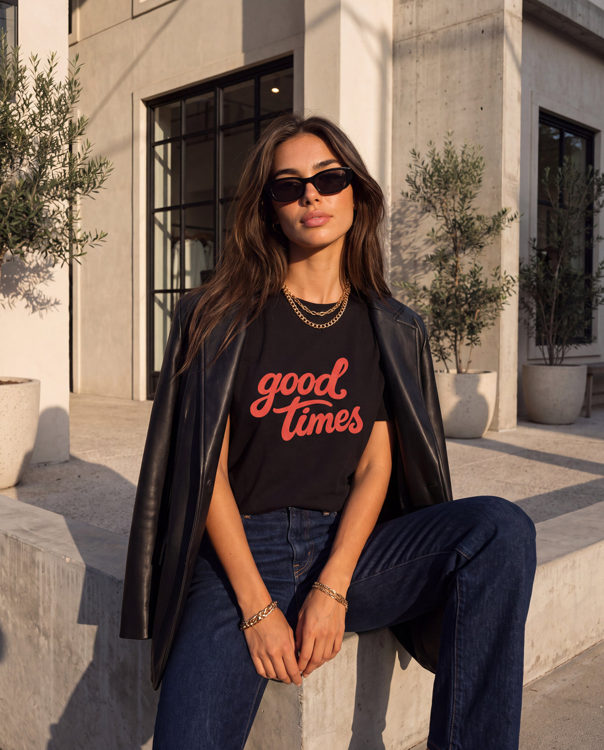 The Good Times Tee in Black, on model