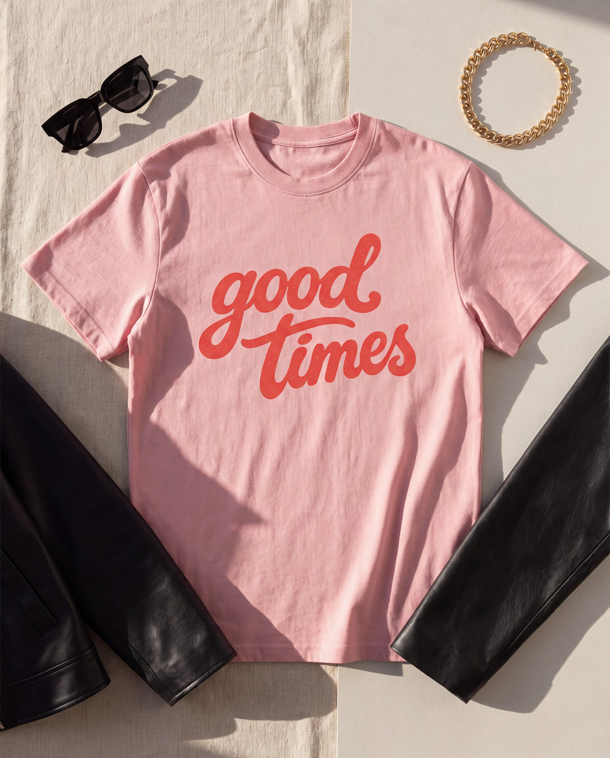 The Good Times Tee in Pink, flat lay