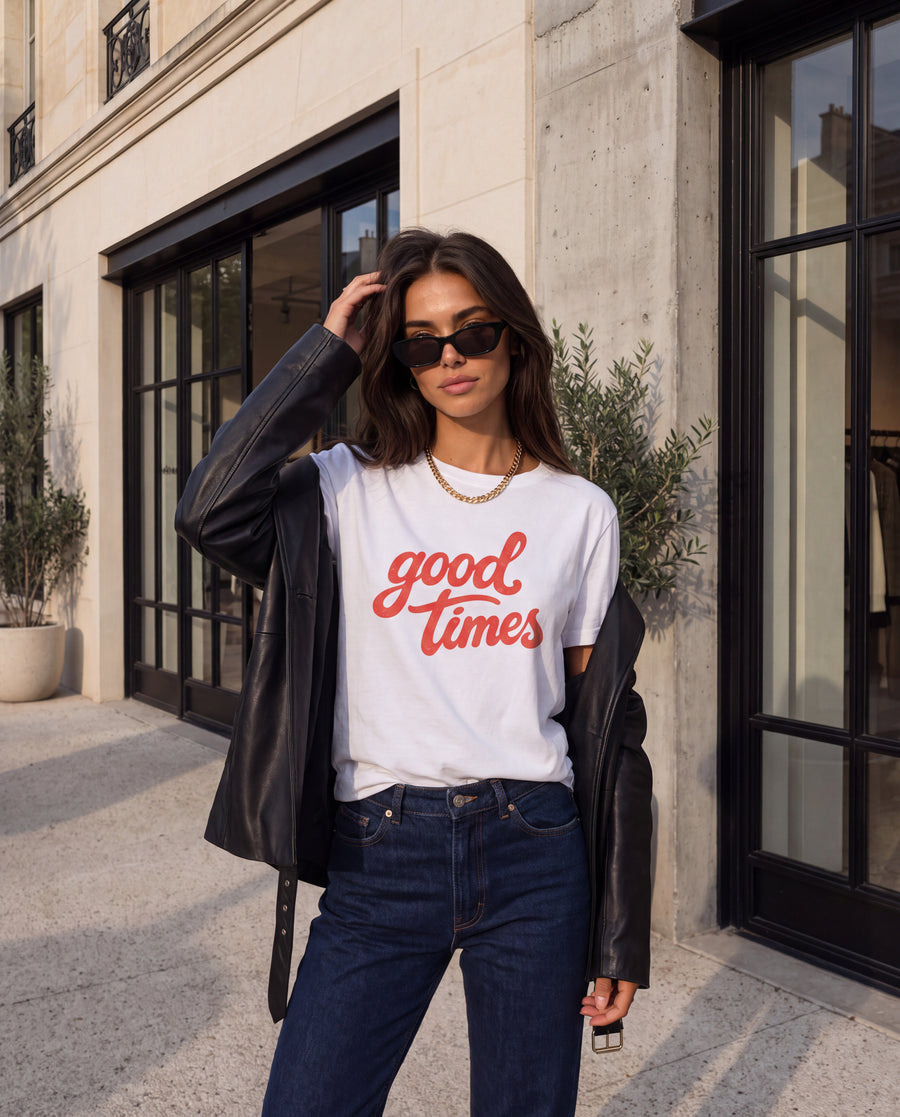 The Good Times Tee in White, on model