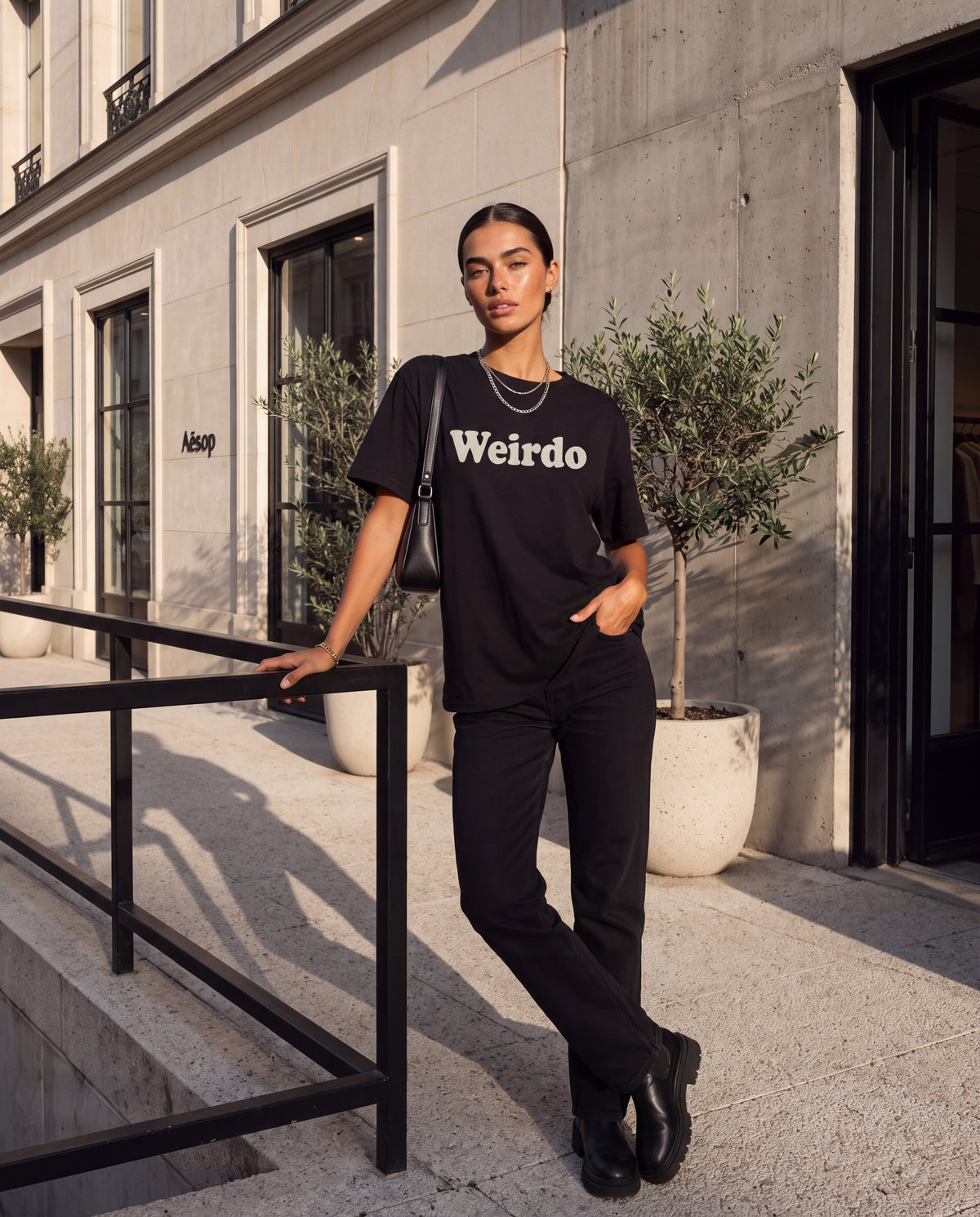 The Weirdo Tee in Black, on model