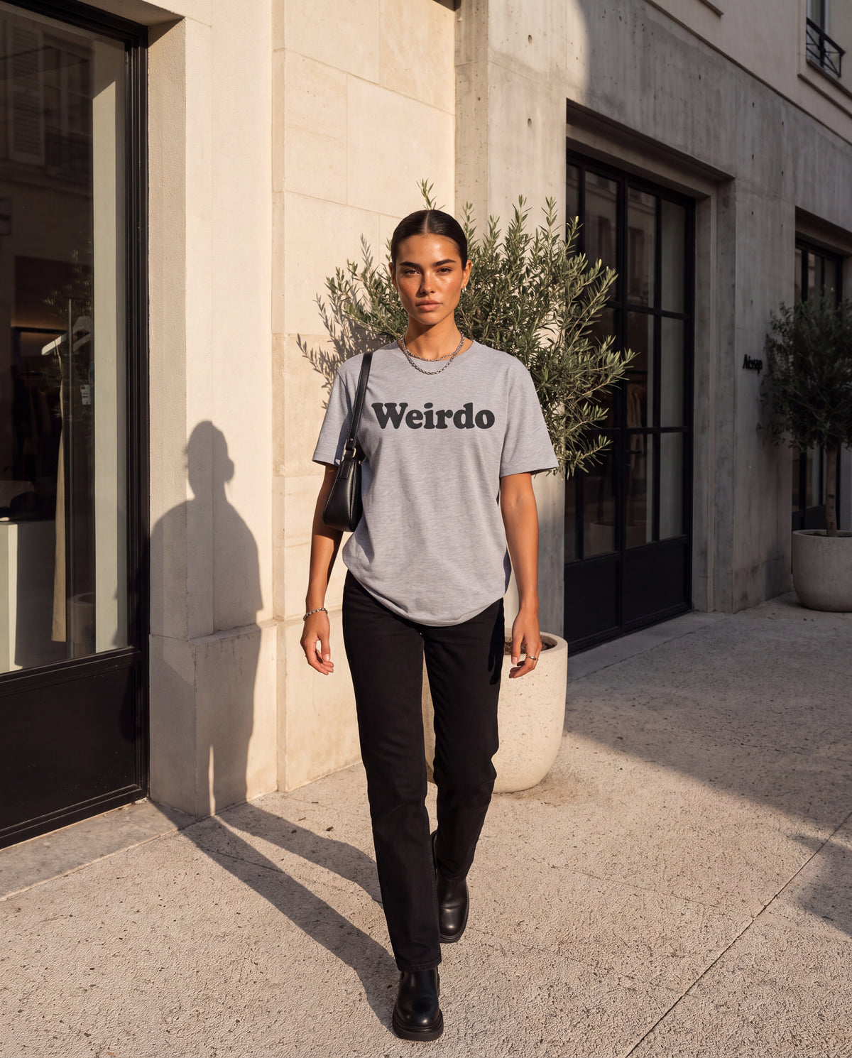 The Weirdo Tee in Grey, on model