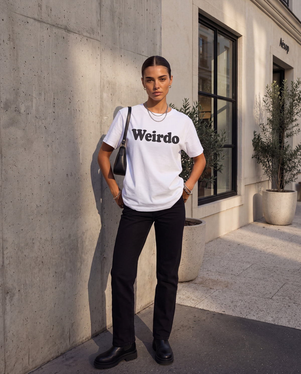 The Weirdo Tee in White, on model
