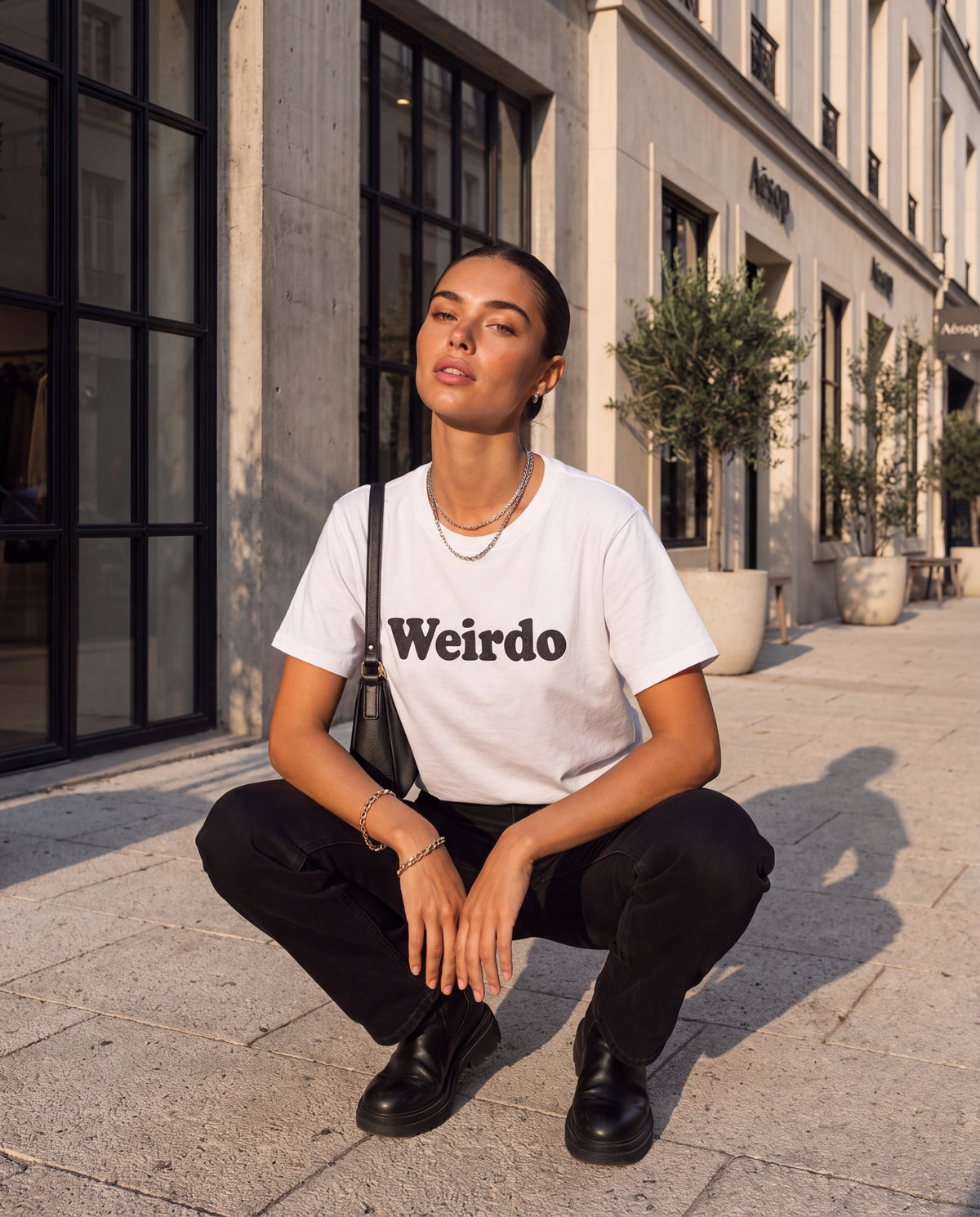 The Weirdo Tee in White, on model